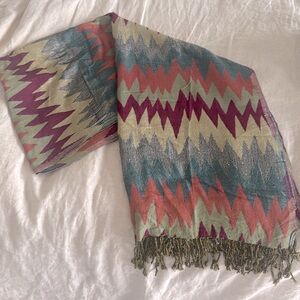Zig zag colorful pattern long big scarf with fringe.  Gently worn.